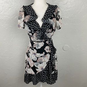 Floral and Polka Dot Mixed Pattern Ruffled Wrap Dress